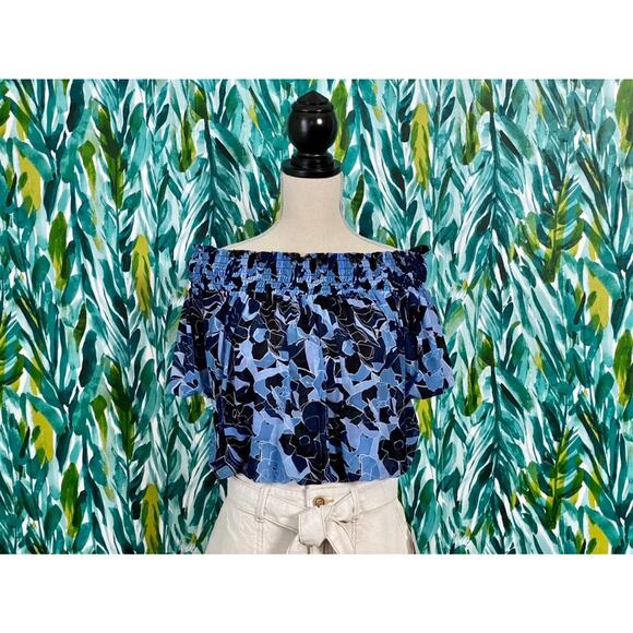NWT Free People Blue Black Dark Combo Technicolor Floral Smocked Bubble Top Boho - Picture 1 of 8